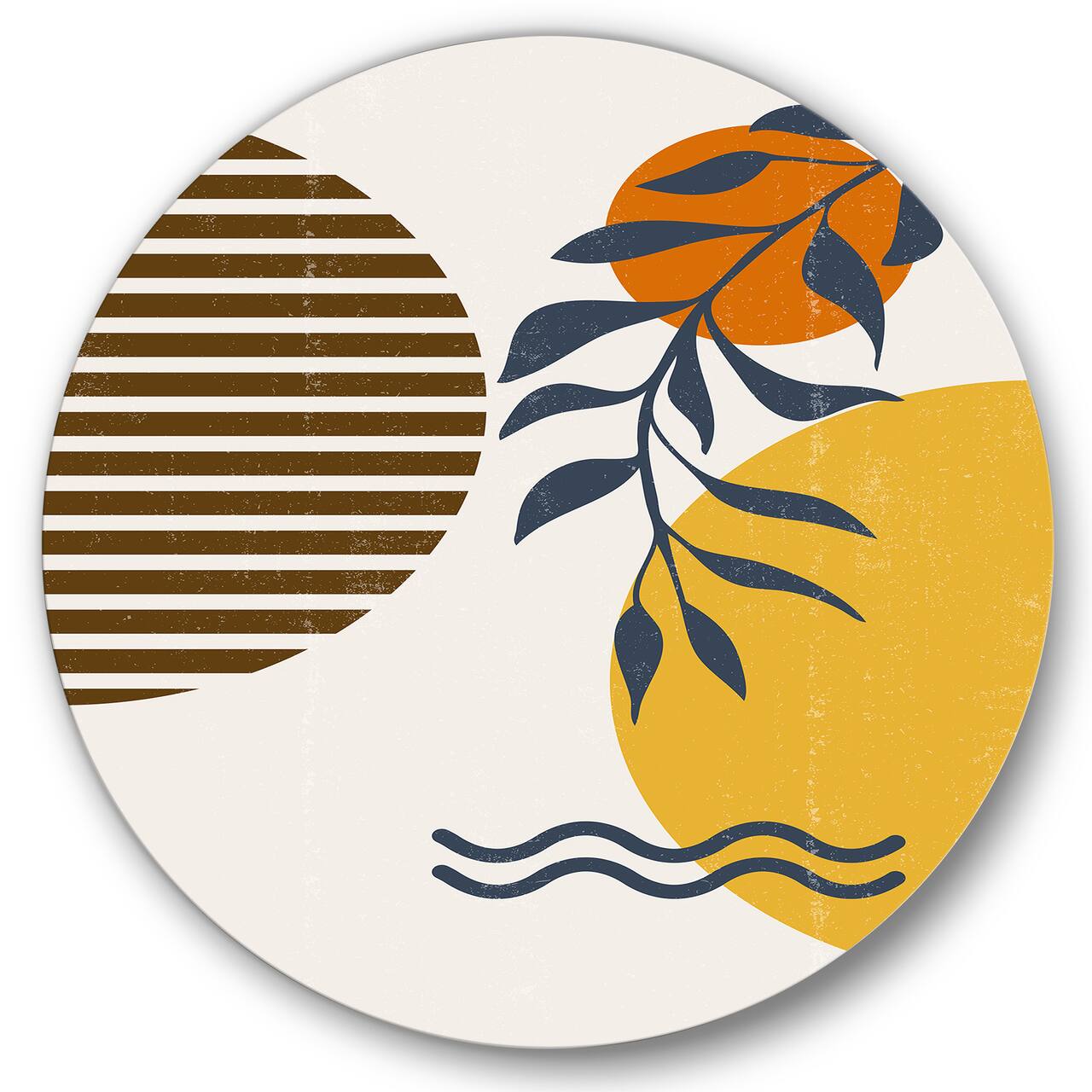 Designart - Botanical Minimalist Leaf With Abstract Shapes I - Modern Metal Circle Wall Art